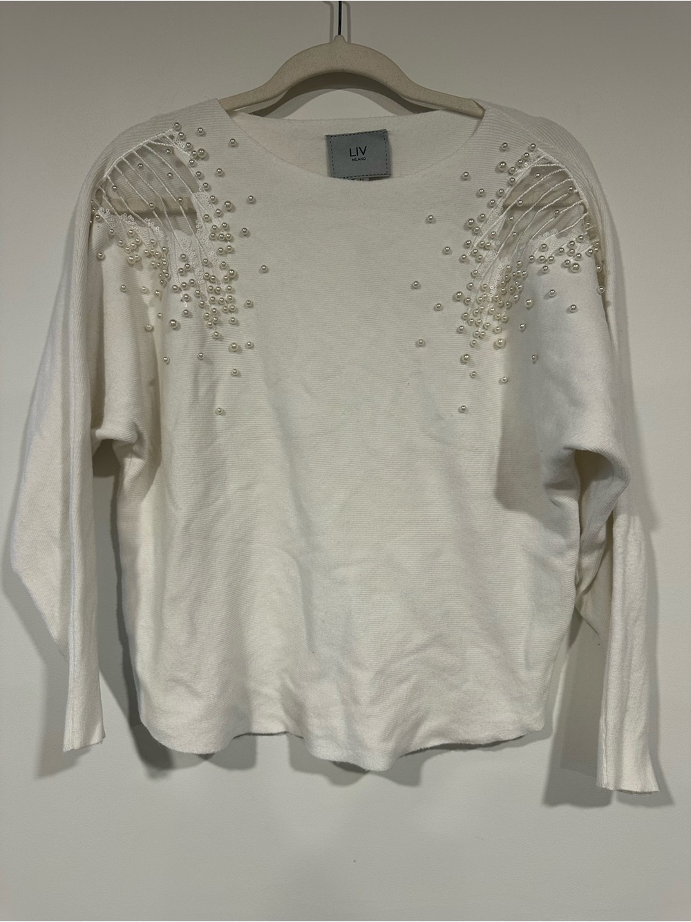 LIV Milano White Embellished Beaded Sequin Mesh Shoulder Sweater Size Medium